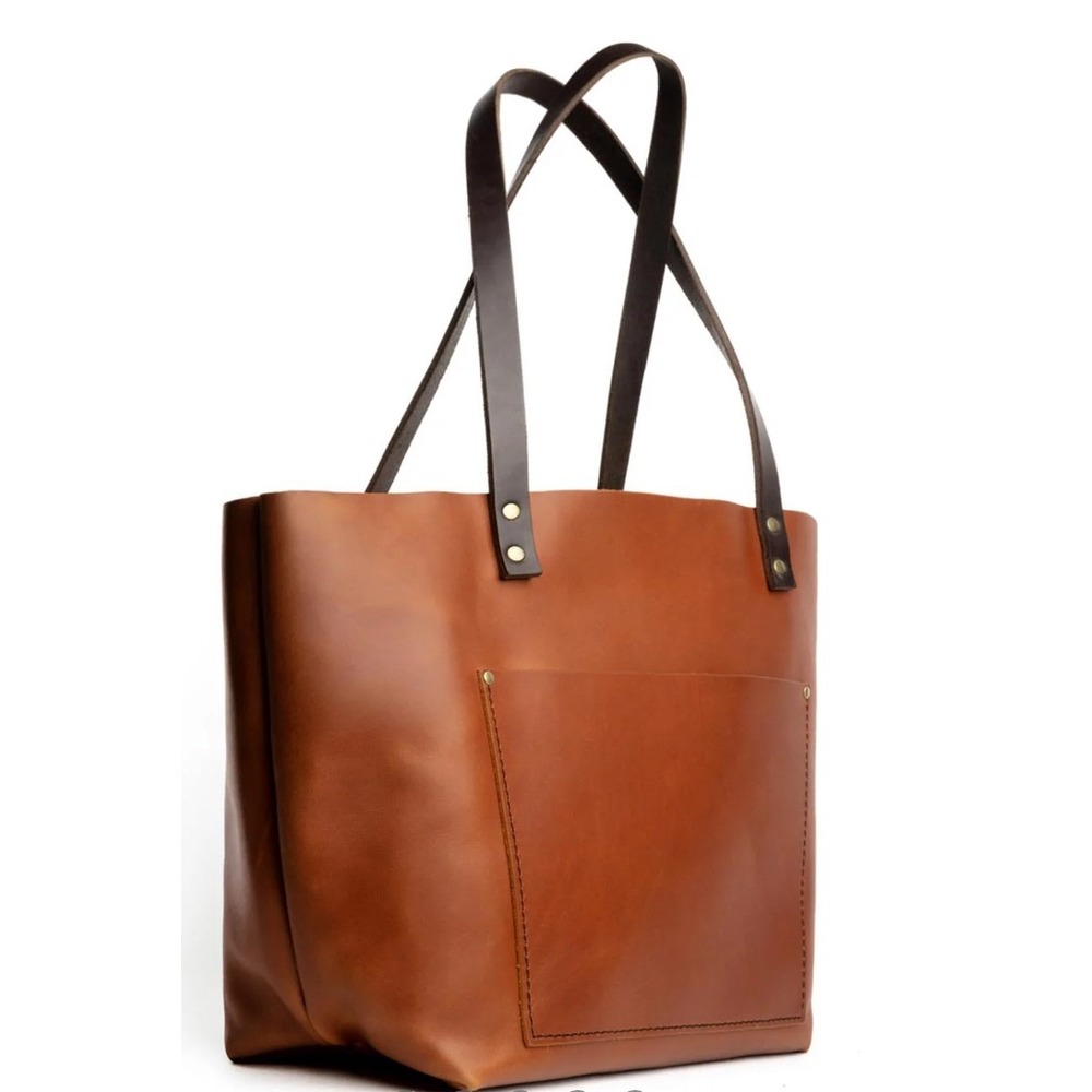Portland Leather Tote Bag Cognac Brown Pebbled Zipper Top Shoulder Bag Large - Picture 2 of 11